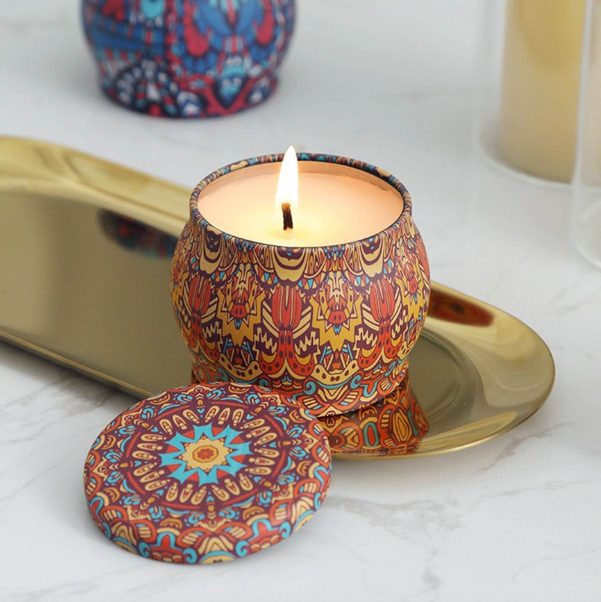 Lavender Aroma Candle In Colourful Patterned Tin (65ml) - DMC Wholesale