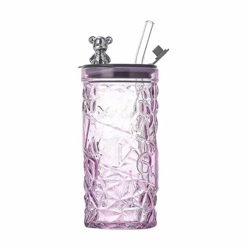 Luxury Design Drink Glass Cup With Lid And Straw (330ml)(Each)