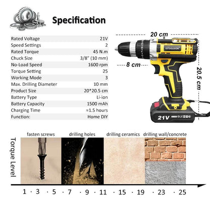 Torque Impact Cordless Screwdriver Drill (21v) - DMC Wholesale