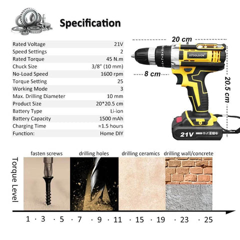 Torque Impact Cordless Screwdriver Drill (21V) - Alt View