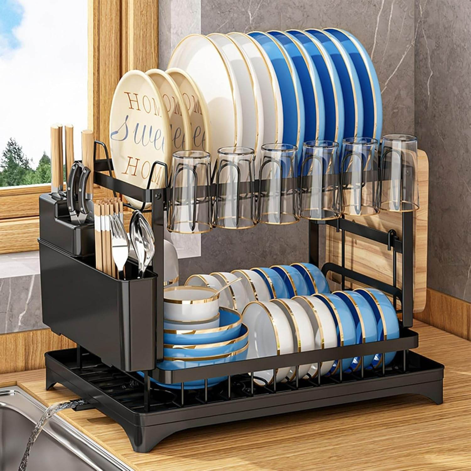 Auto Drain Dish Drying Rack (2 Tier) - DMC Wholesale